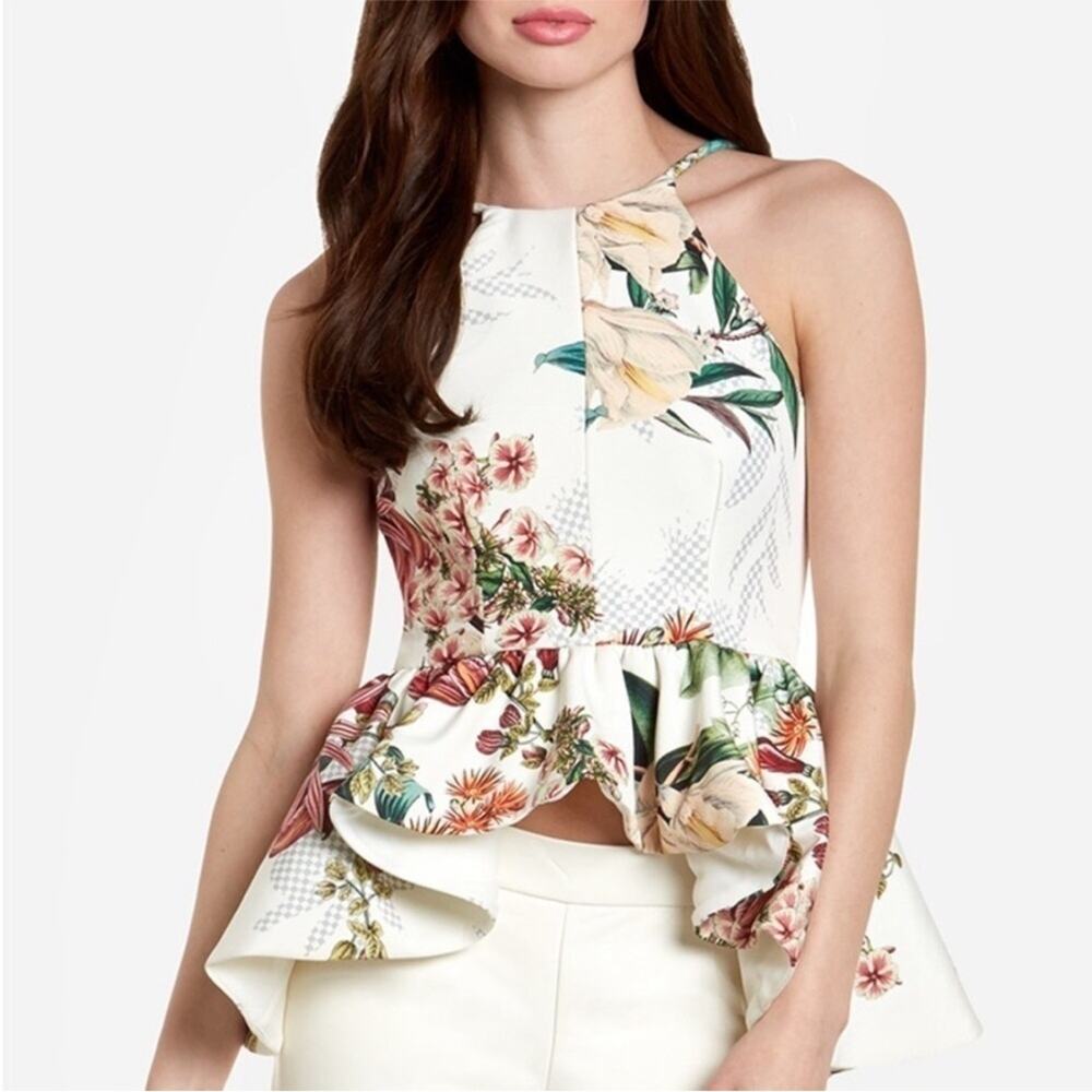 Anthropologie Cameo Dahlia botanical white tropical floral peplum top size Large